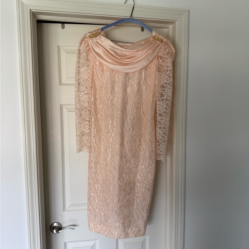 Leslie Fay Blush Lace Long Sleeve Dress - Picture 2 of 5